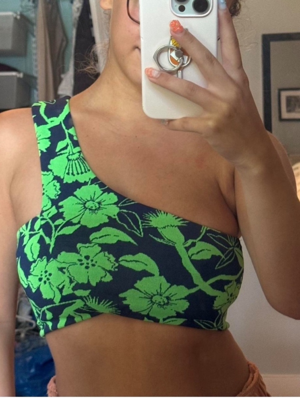 Zara One Shoulder Green Floral Crop Top NWT Small Tropical Resort Party